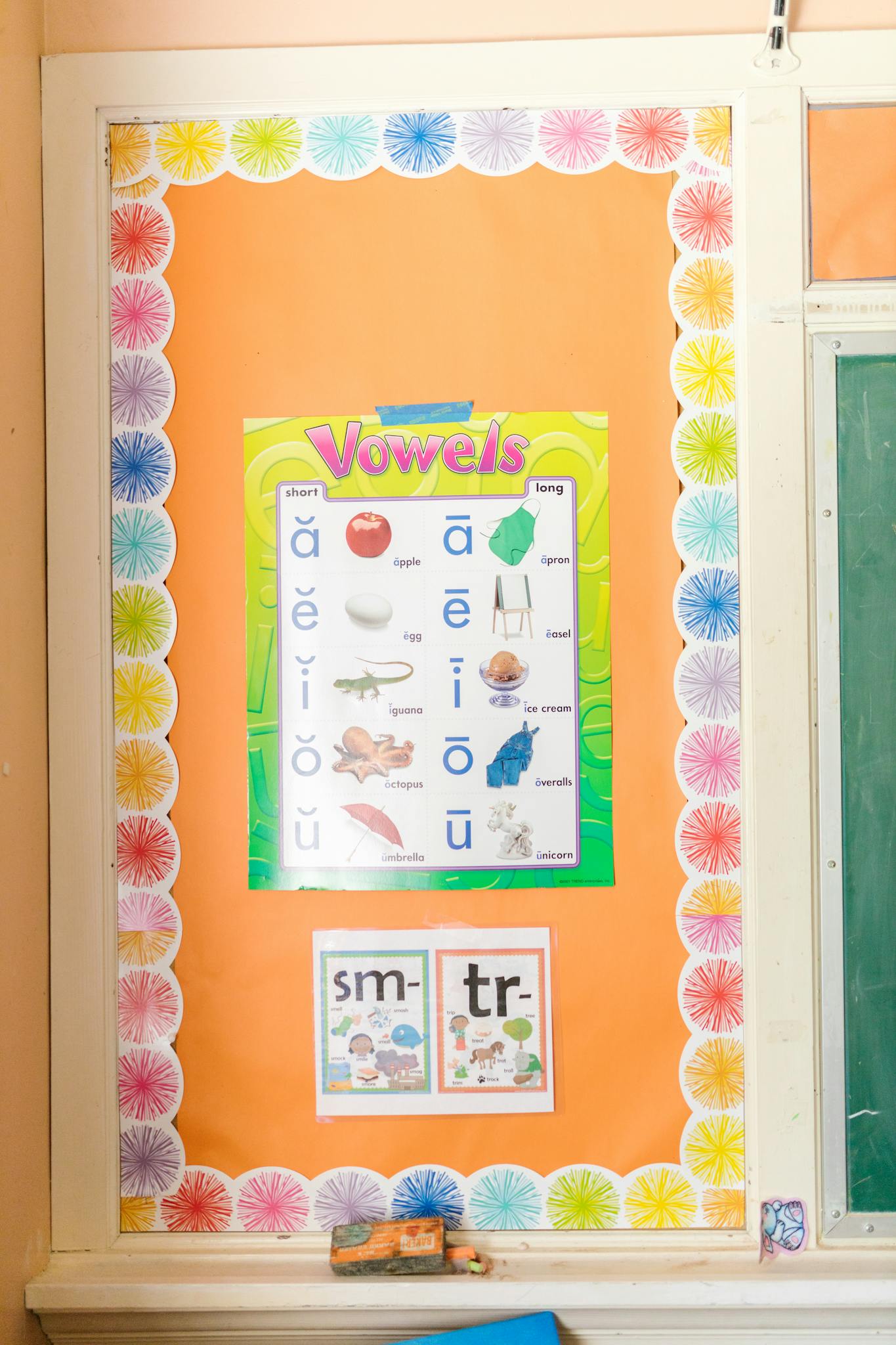 Vowel chart poster with colorful border on a classroom wall for educational purposes.